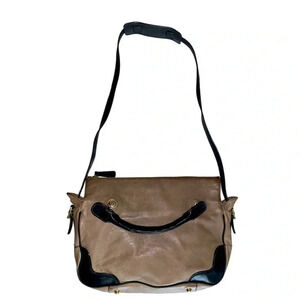 J CREW Kirtley Leather Messenger Bag Tote Satchel Tan & Black 9.25”X14.25”X3.75